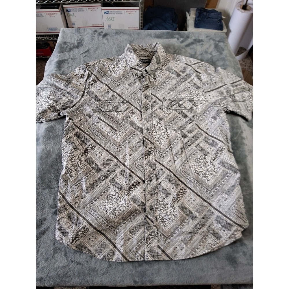 Chaps Mens XL Short Sleeve Button Down Shirt Black Cream Geometric Paisley Print